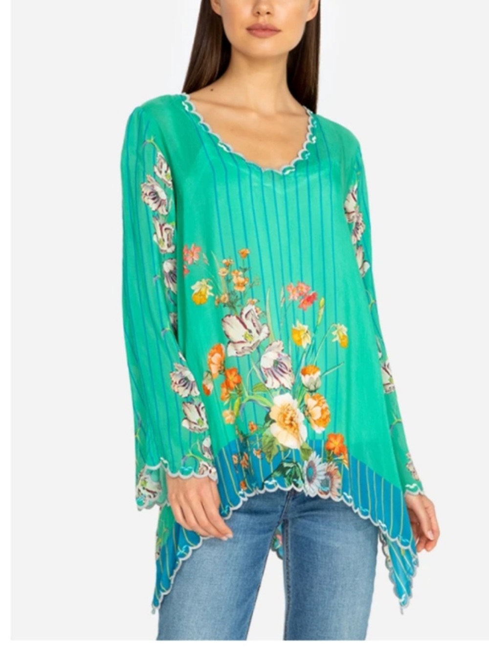 Johnny Was Teal Floral Scalloped V-Neck Blouse
